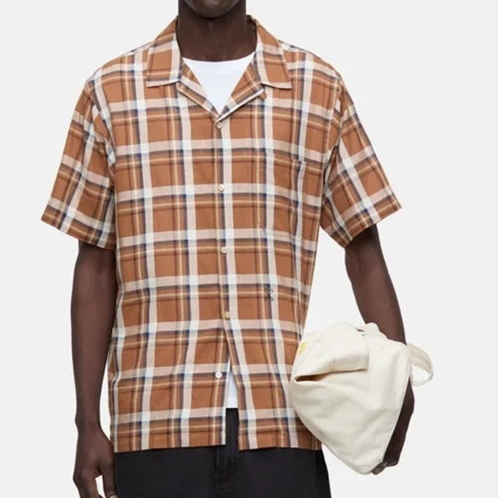CLOSED Linen Sandalwood Checkered Short Sleeve Shirt Tan Brown Men's Large